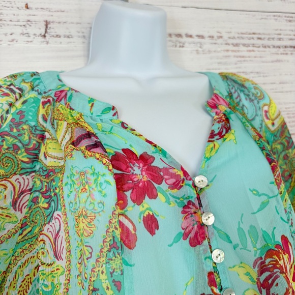 Figueroa & Flower Multicolor Paisley Sheer 3/4 Sleeve Blouse - Picture 3 of 14